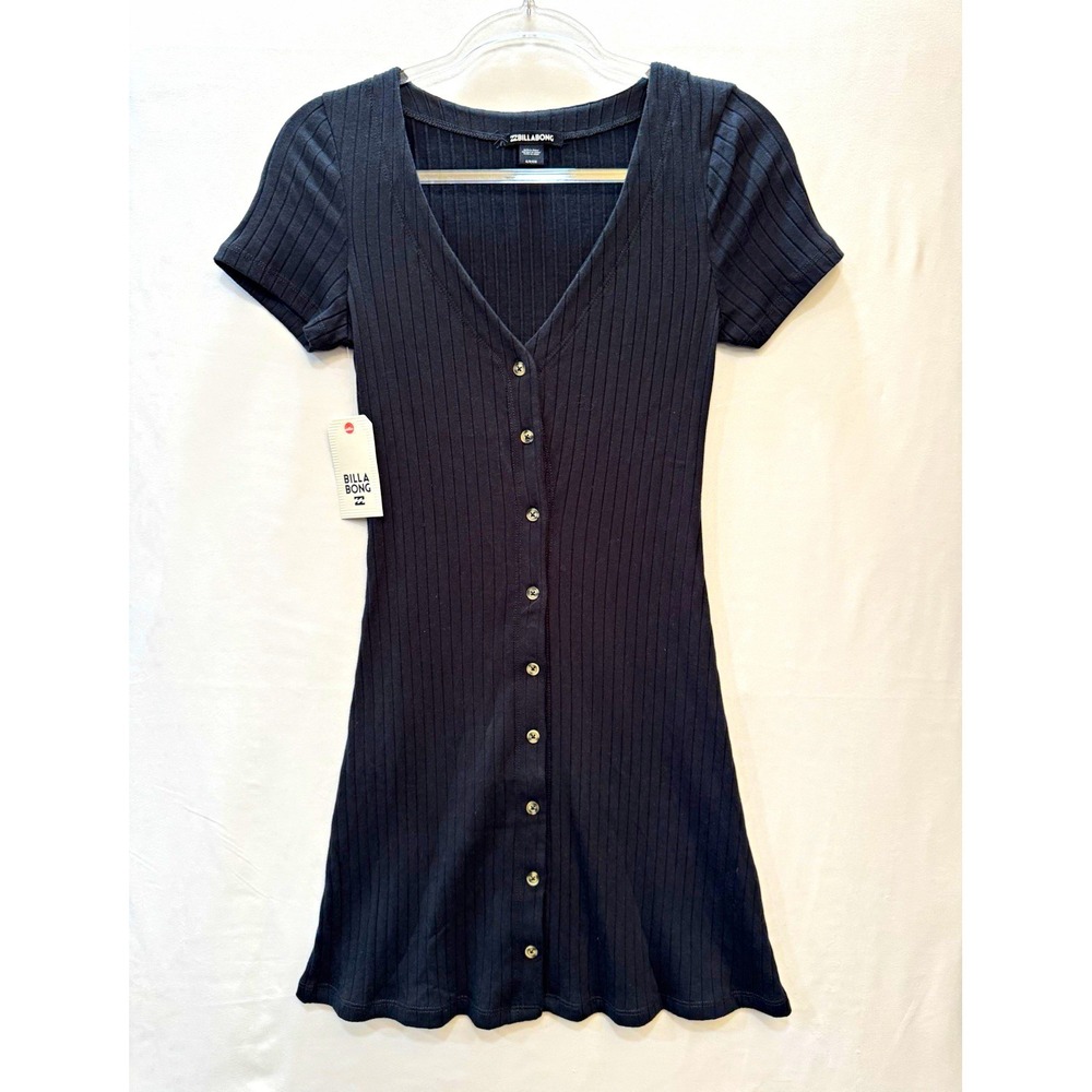 Billabong Women's Sz S "On With It" Black Ribbed Short Sleeve Button-Front Mini